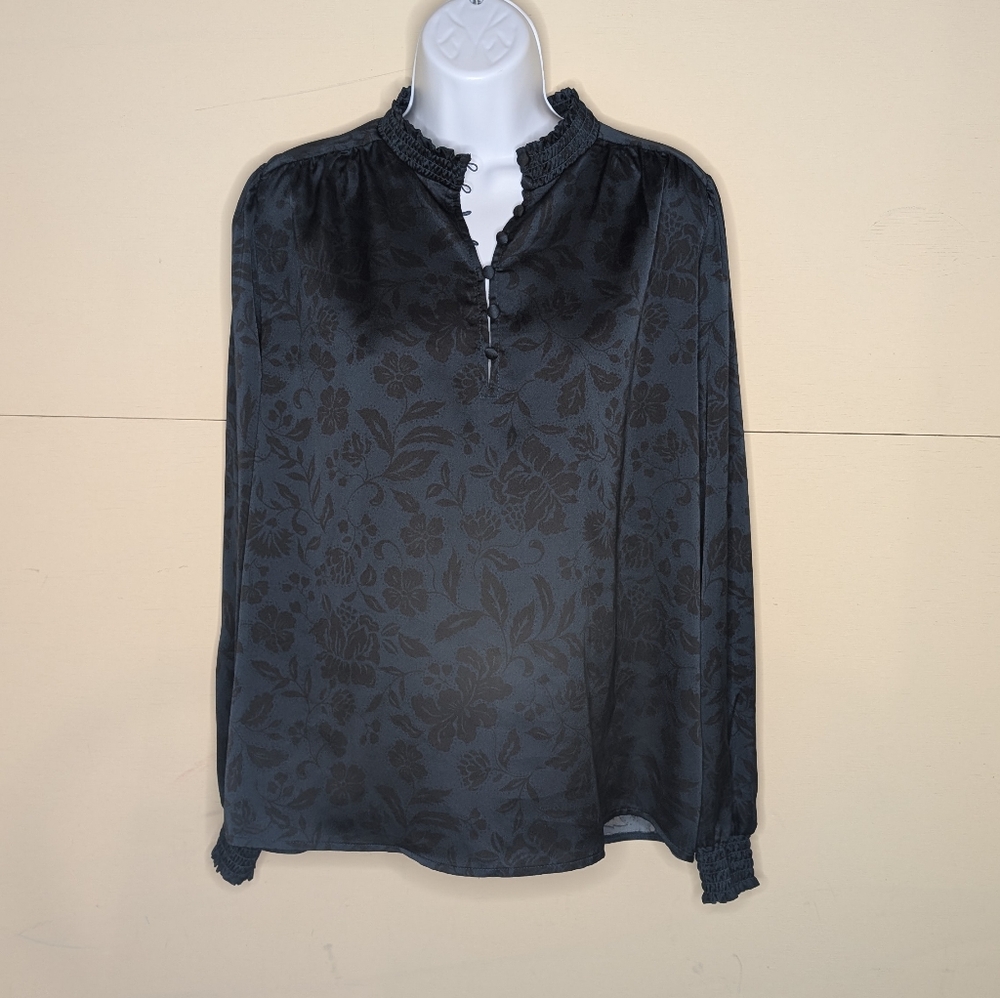 Ann Taylor Long Sleeve Blouse Satin Dark Teal And Black Floral